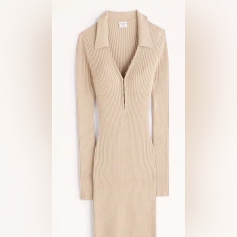 Abercrombie & Fitch Beige Ribbed Long Sleeve Dress